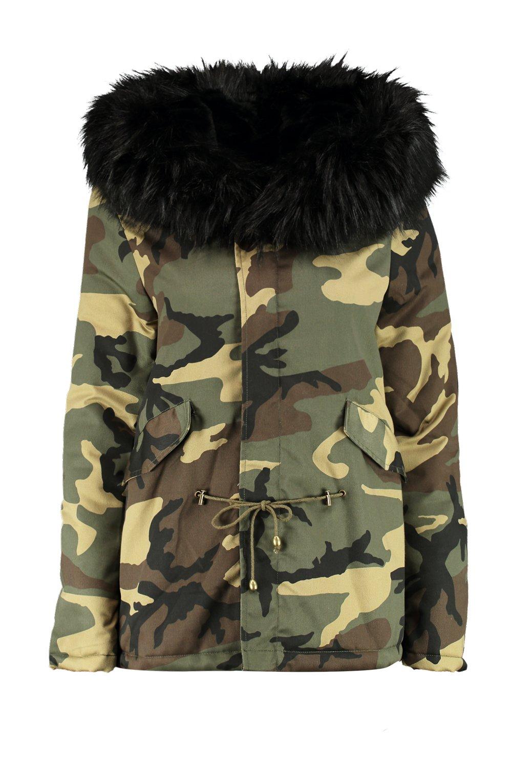 Camo Print Faux Fur Lined Parka