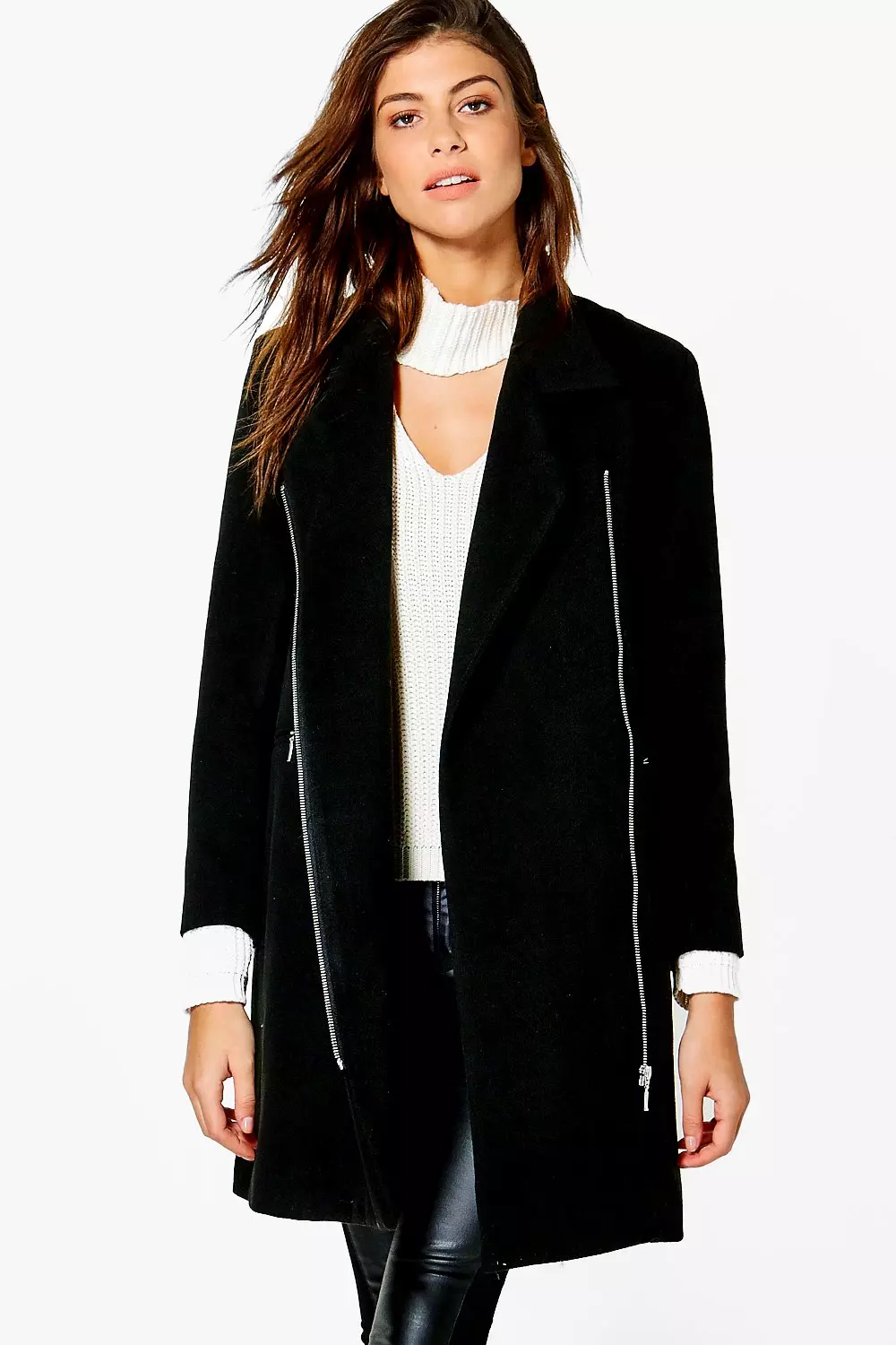 Black Zip Up Wool Look Coat alternative image