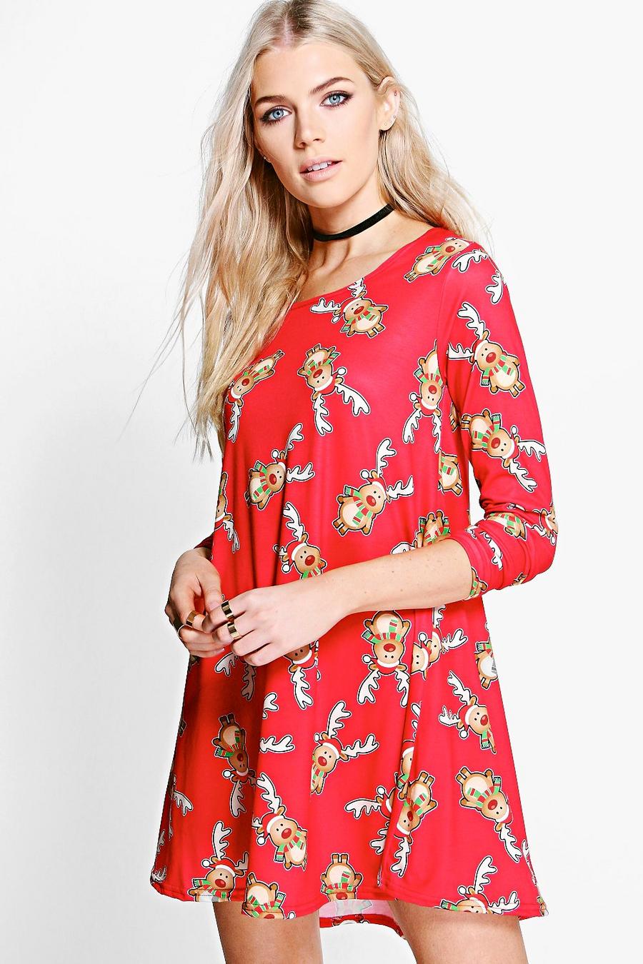Red röd Hope Rudolph Christmas Swing Dress image number 1
