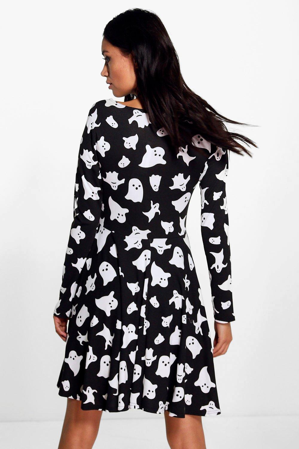 Hillary Halloween Ghost Print Skater Dress