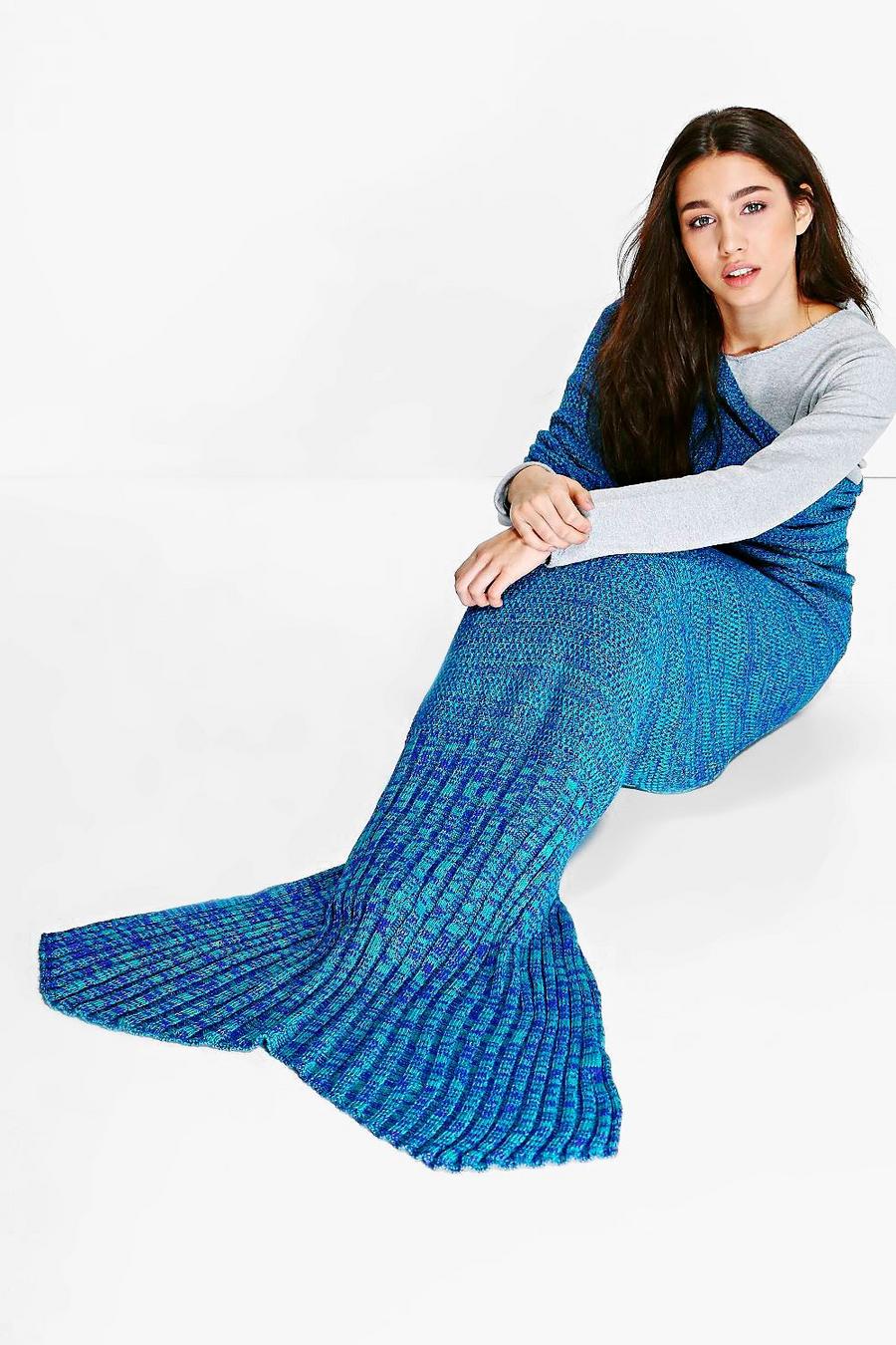 Multi Purple & Jade Knitted Mermaid Tail Blanket image number 1