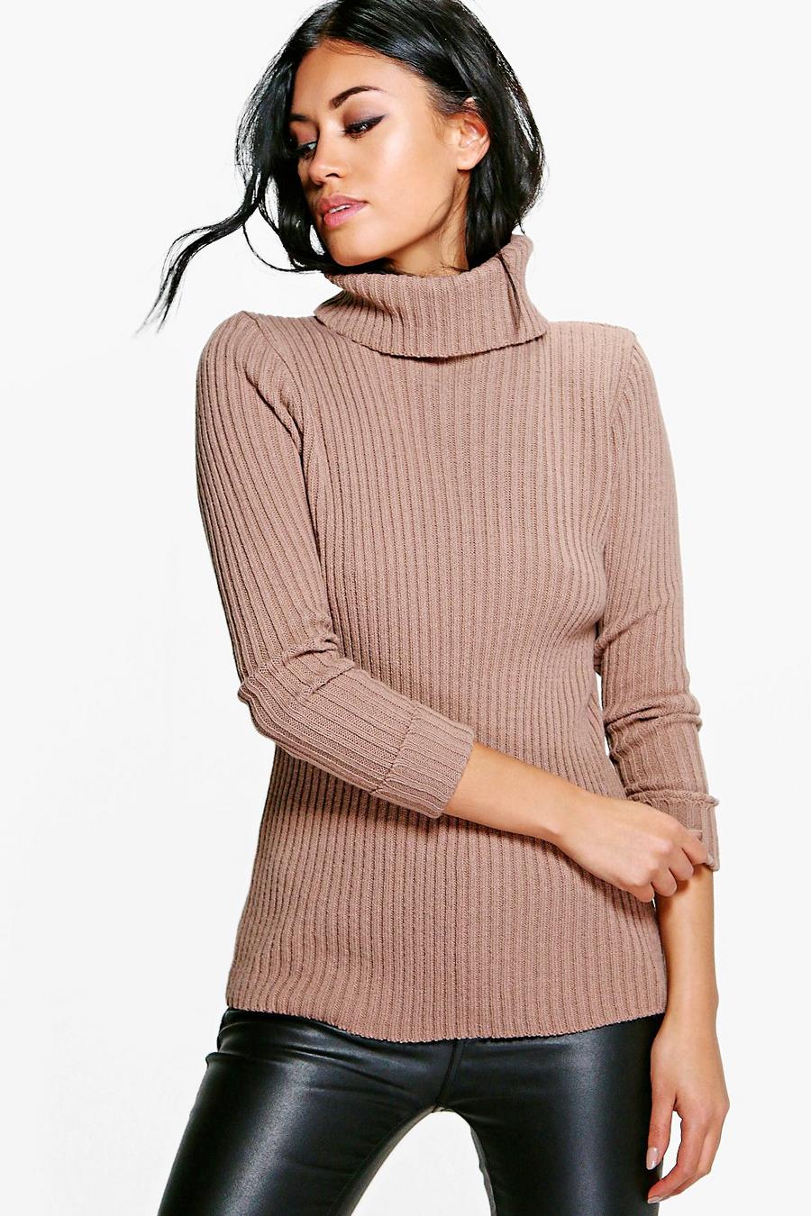 Camel Faith Turn Up Cuff Rib Knit Sweater image number 1