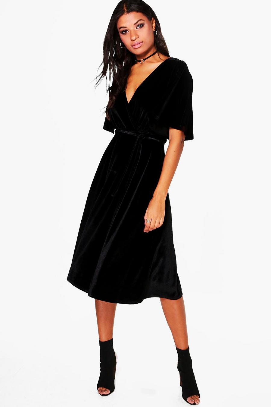Black Rhia Velvet Wrap Midi Dress image number 1