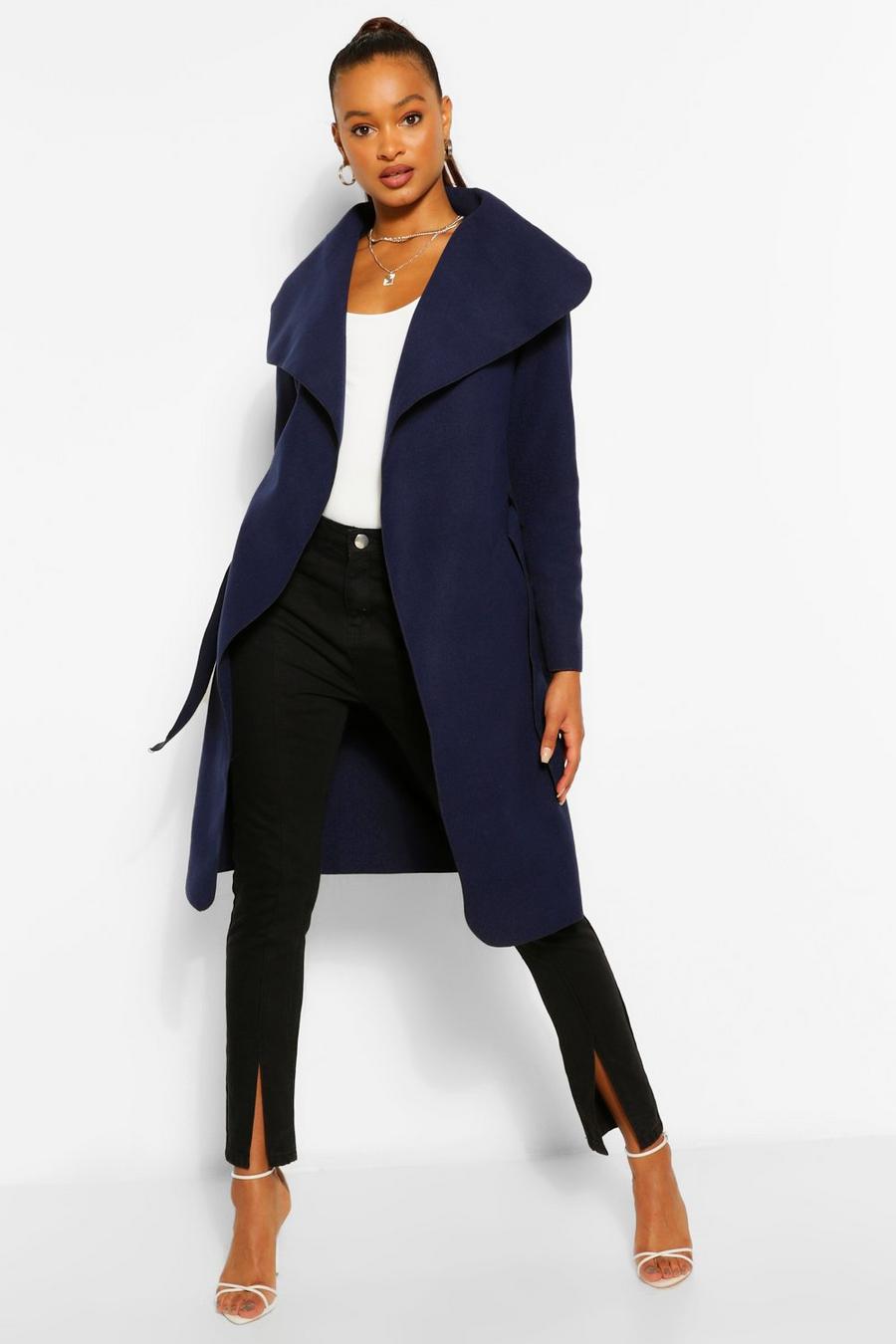 Navy Belted Shawl Collar Coat image number 1