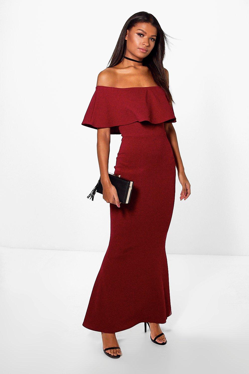 red bandeau frill hem maxi dress