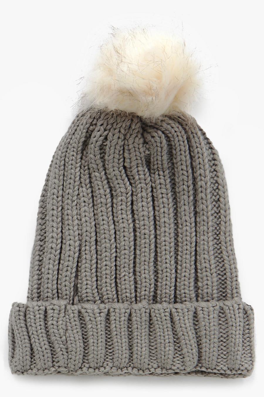 Grey grå Keira Faux Fur Pom Ribbed Beanie Hat image number 1