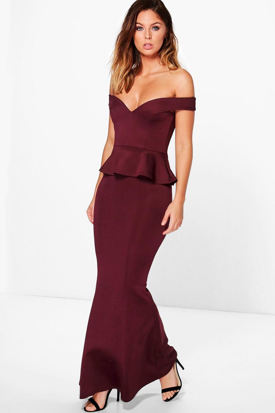 Berry red Harley Off Shoulder Fishtail Peplum Maxi Dress image number 1