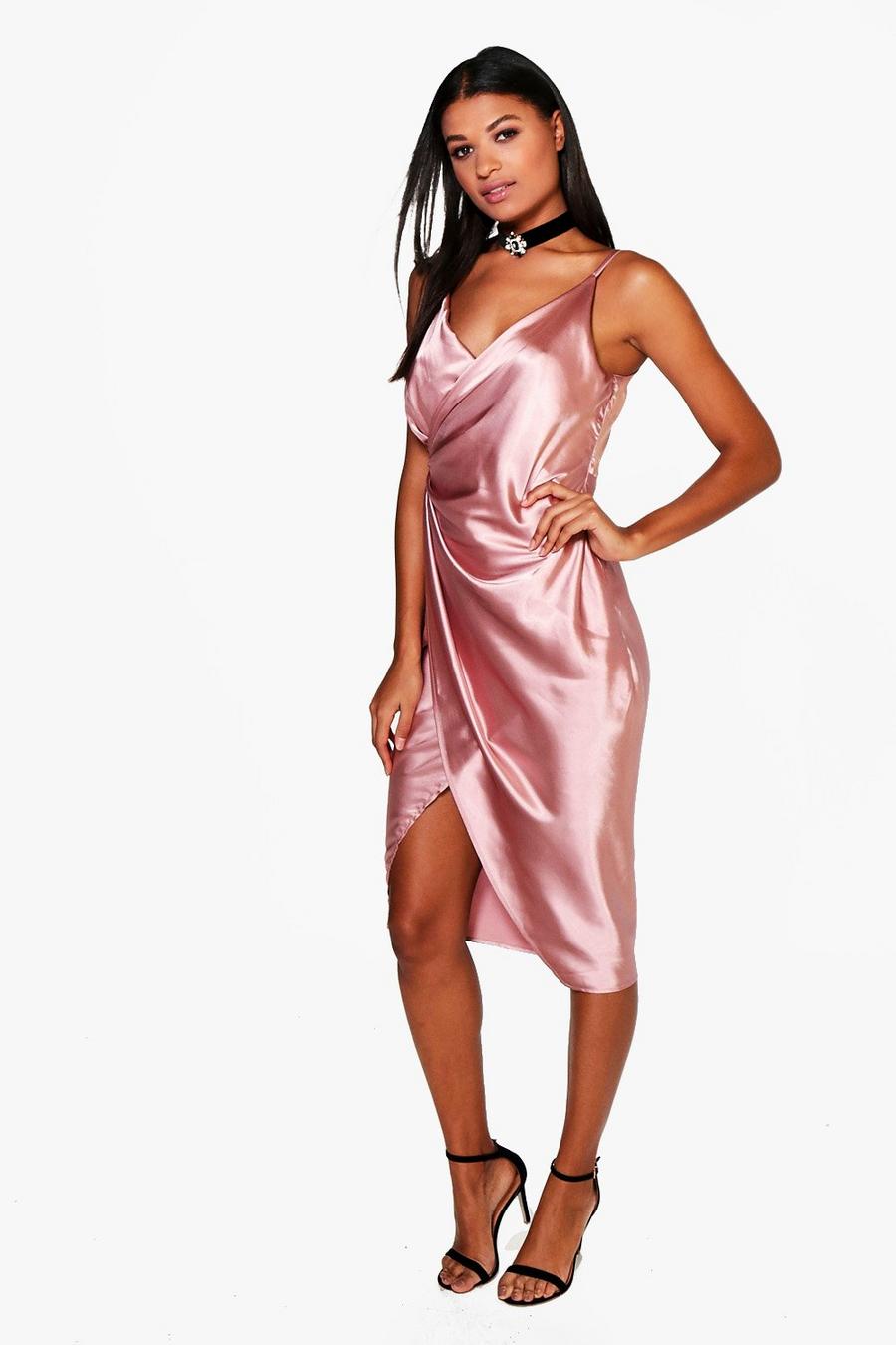 Rose pink Satin Wrap Strappy Midi Dress image number 1