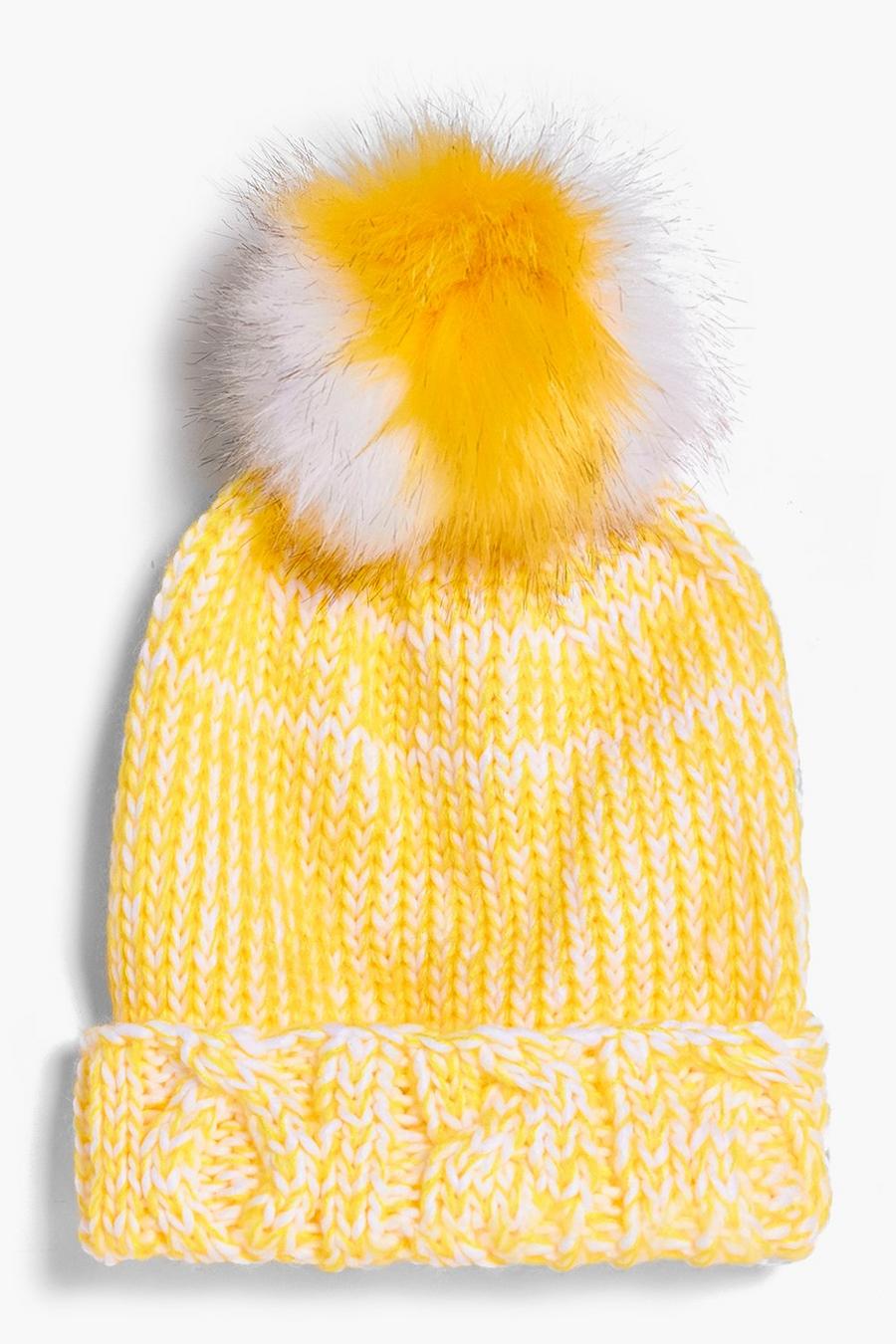 Yellow Lottie Stripe Faux Fur Pom Beanie Hat image number 1