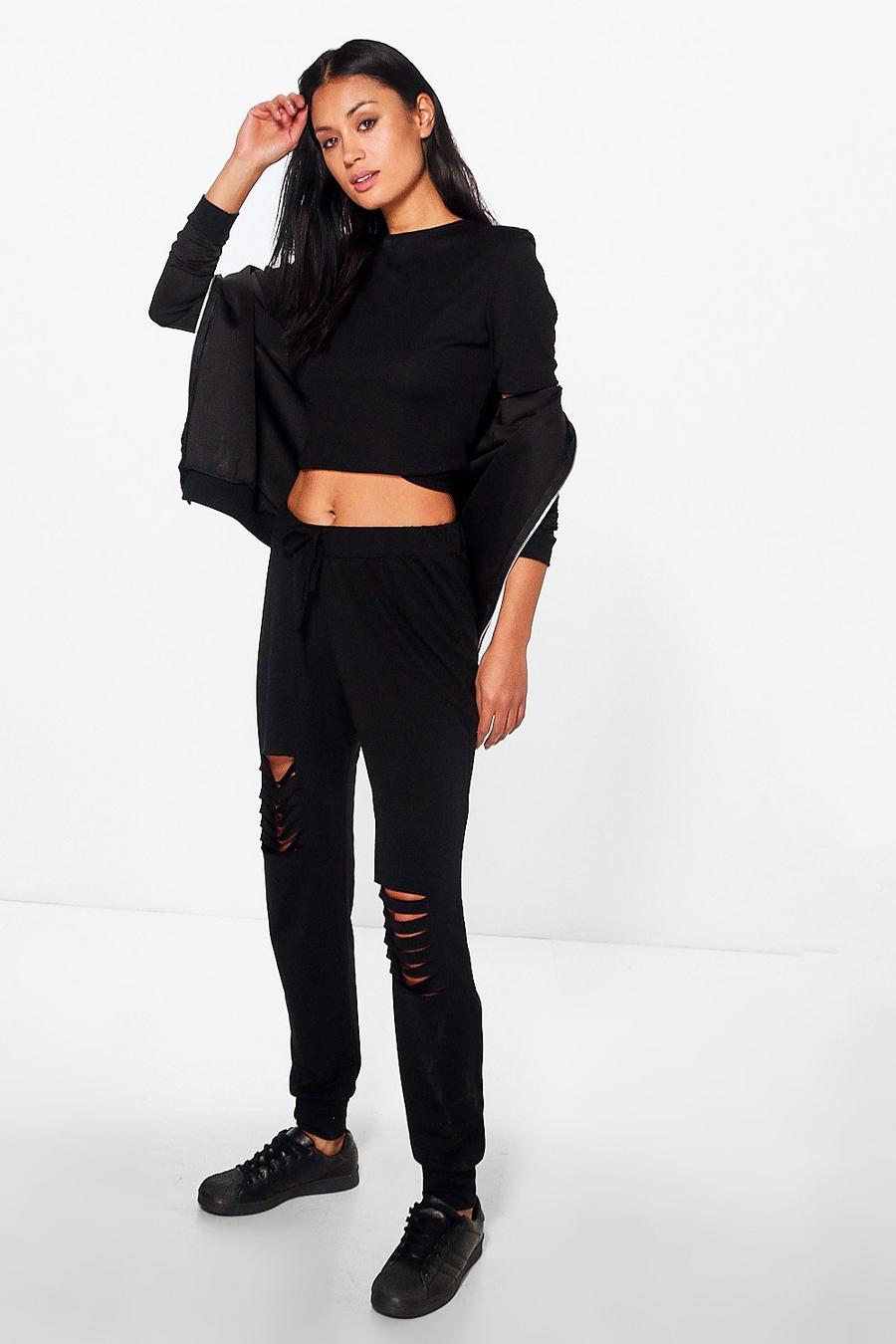 Black Athira Distressed Ripped Knee Relaxed Joggers image number 1
