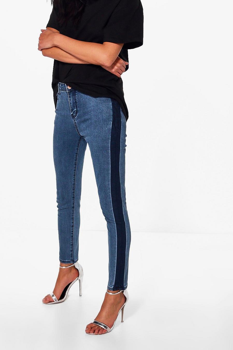 abby jeans skinny a vita alta con righe laterali, Blu medio image number 1