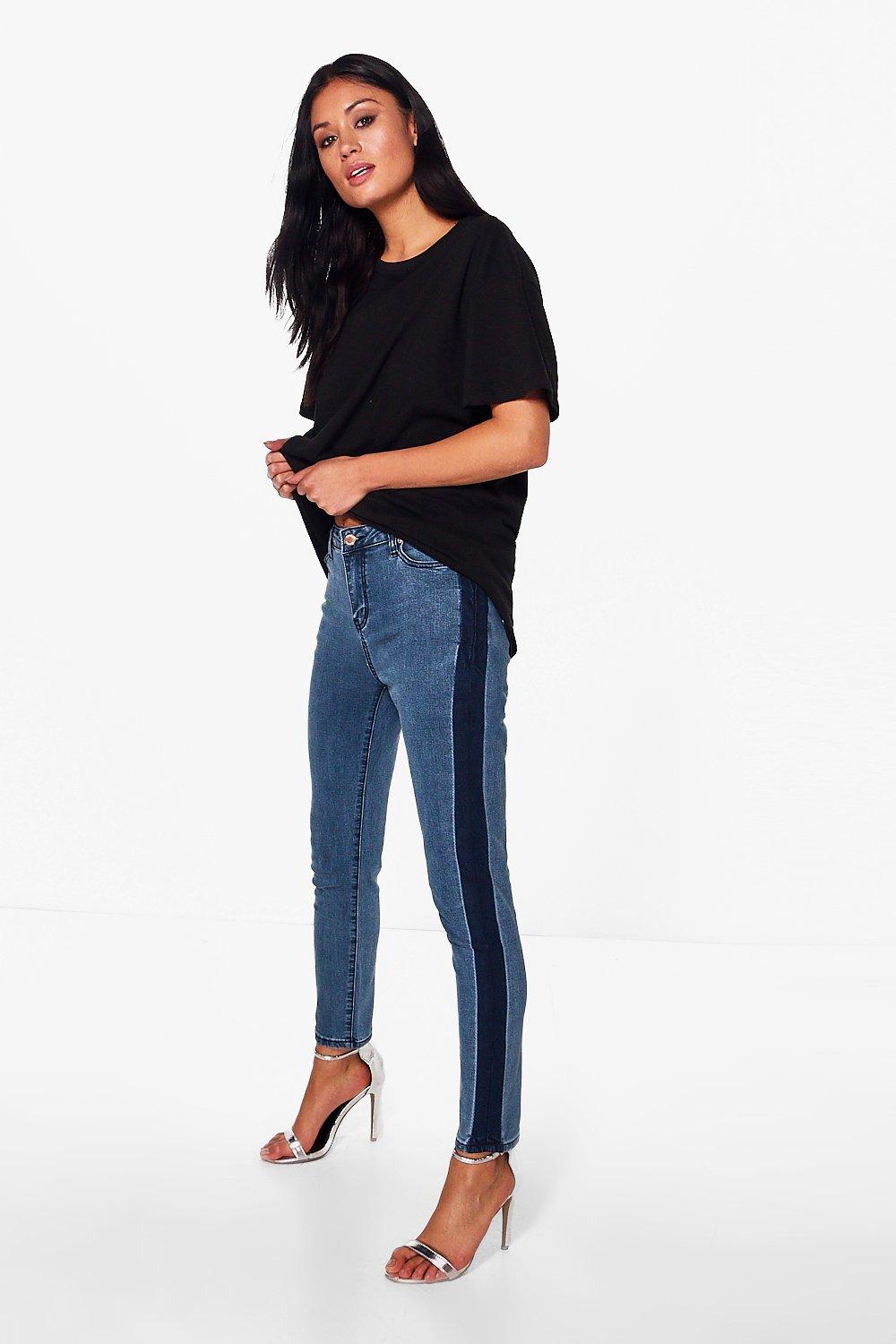haj Infrarød fokus Abby High Rise Side Stripe Skinny Jeans | boohoo