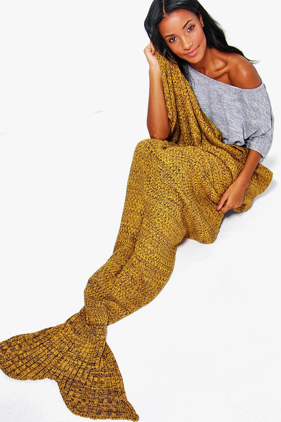 Mustard Brooke Knitted Mermaid Tail Blanket image number 1