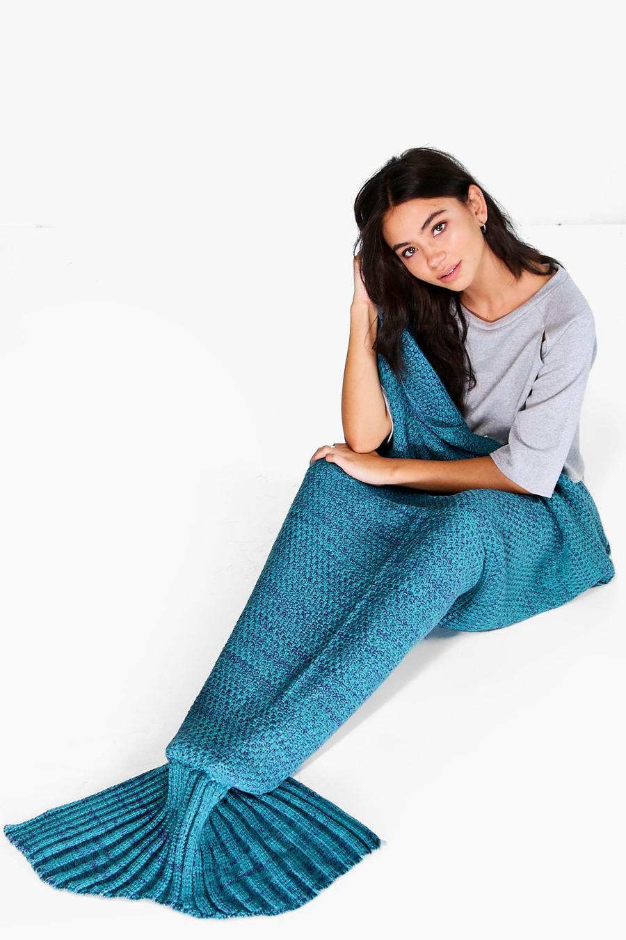 Teal green Brooke Knitted Mermaid Tail Blanket image number 1