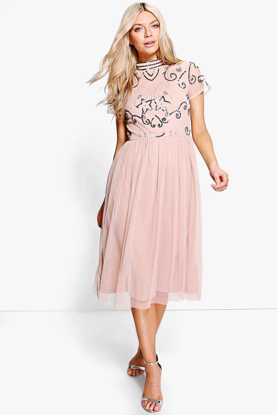 pink embellished midi dress
