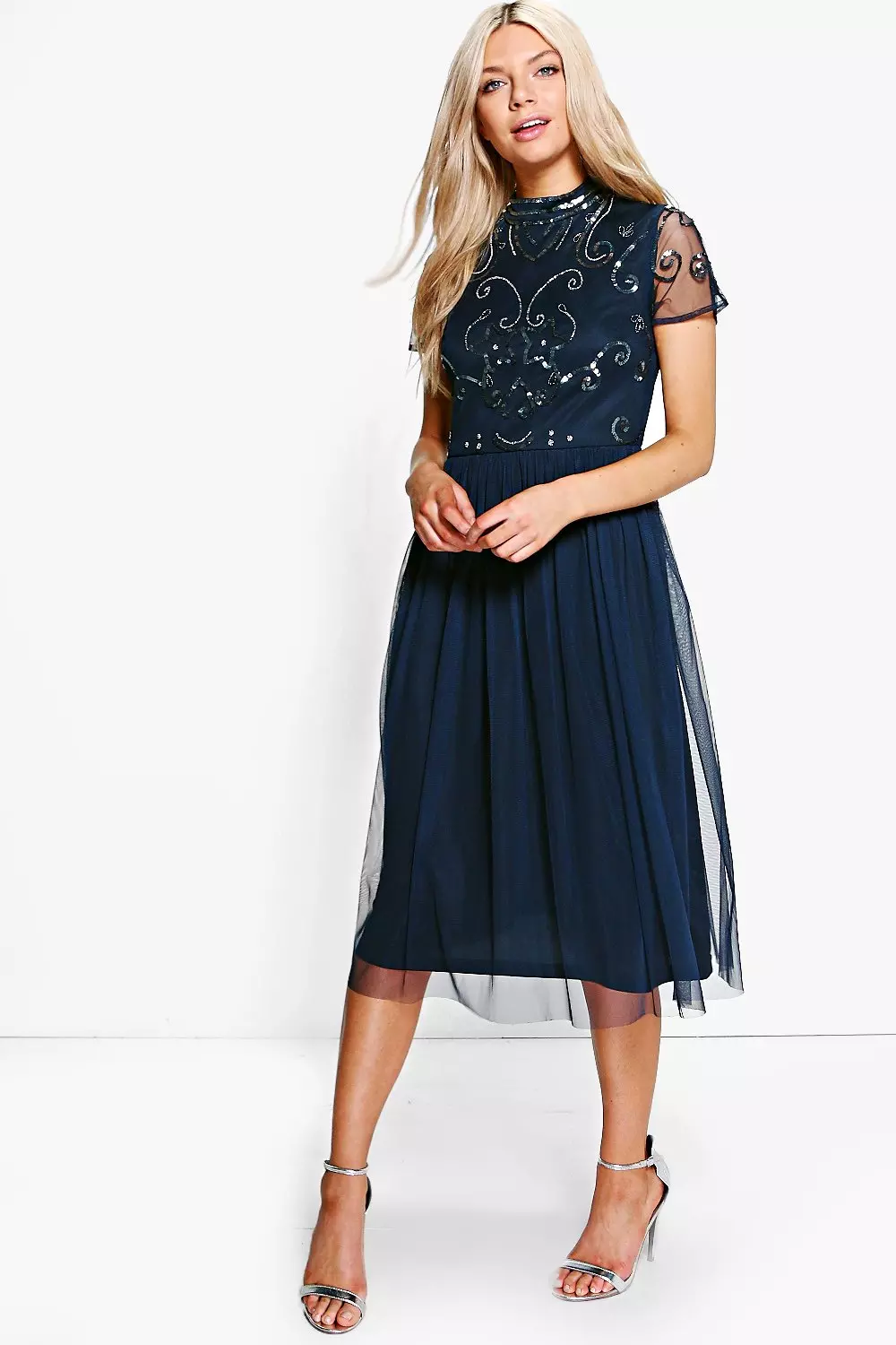 Navy embellished midi outlet dress