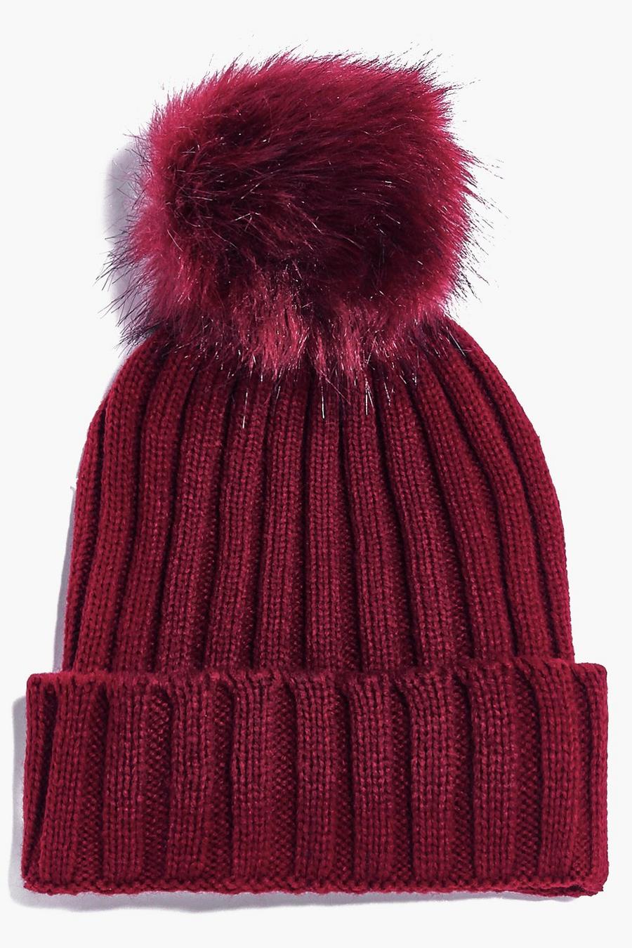 Berry red Julie Rib Knit Faux Fur Pom Beanie Hat image number 1