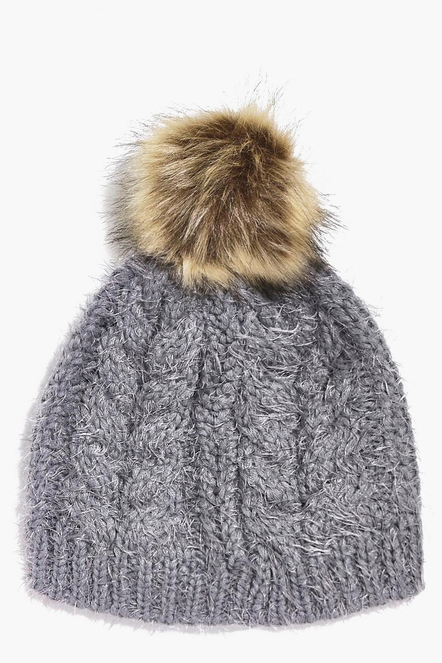 Grey Ivy Super Soft Fluffy Faux Fur Pom Beanie Hat image number 1