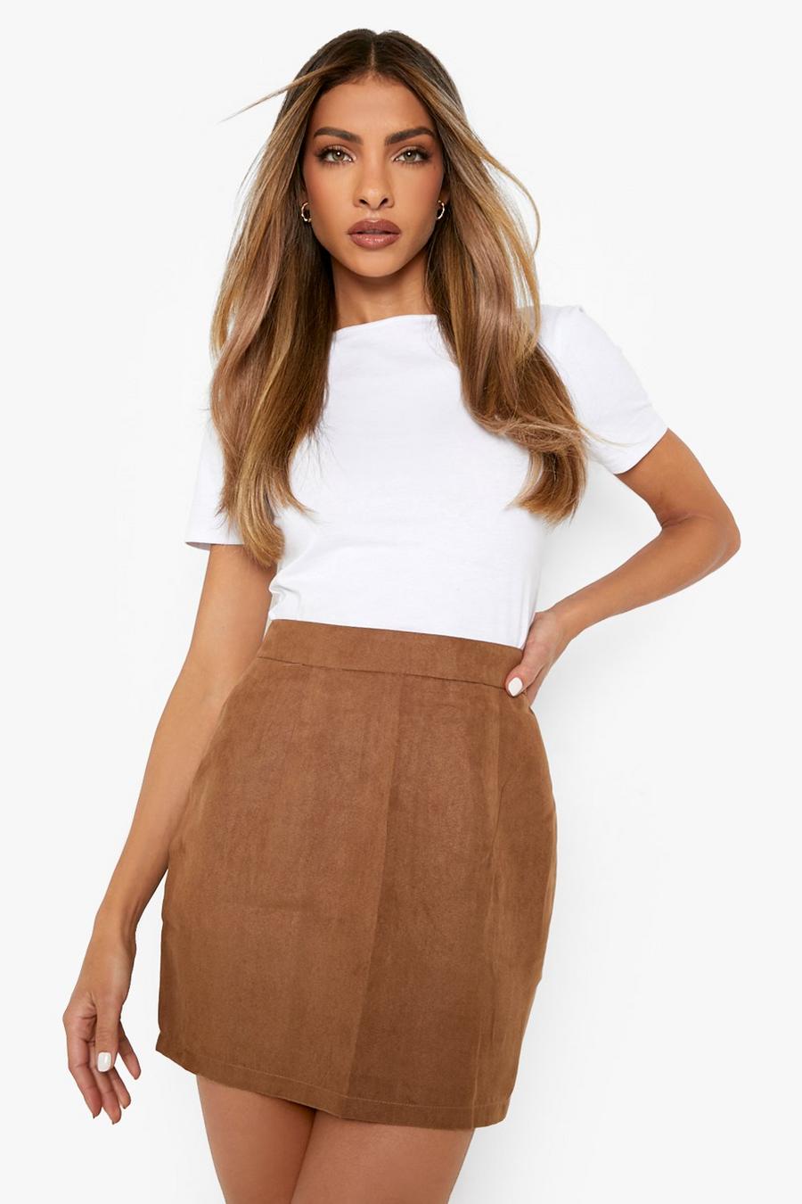 Tan brun Woven Soft Suedette A Line Mini Skirt image number 1
