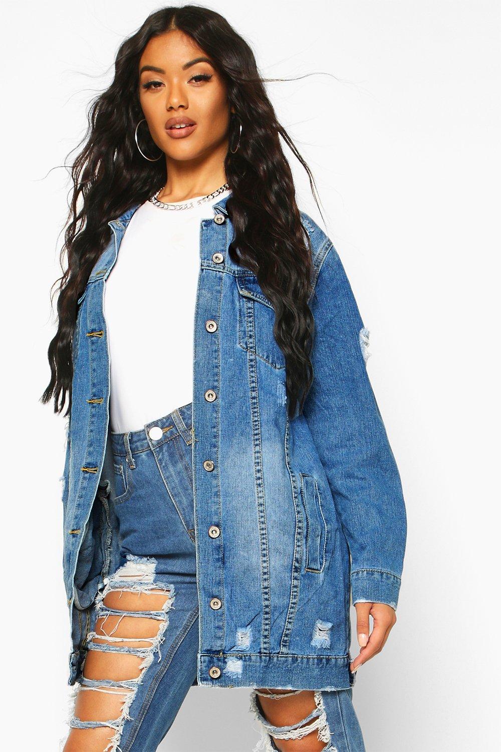 plus size long distressed denim jacket