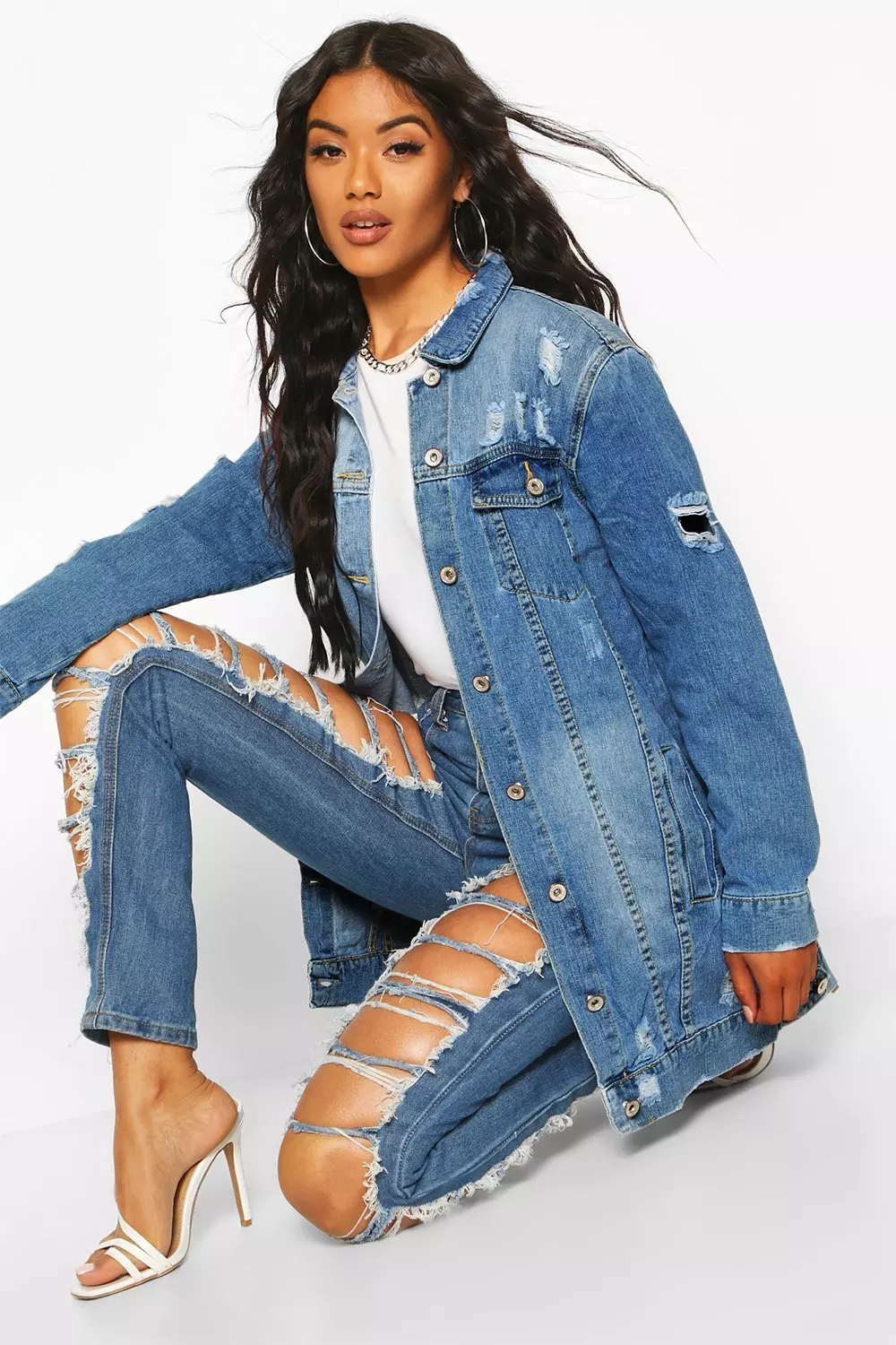 Longline ripped sales denim jacket