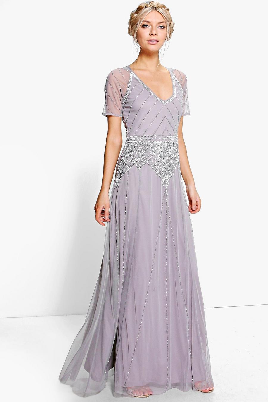 Grey Boutique Beaded Cap Sleeve Maxi Bridesmaid Dress image number 1