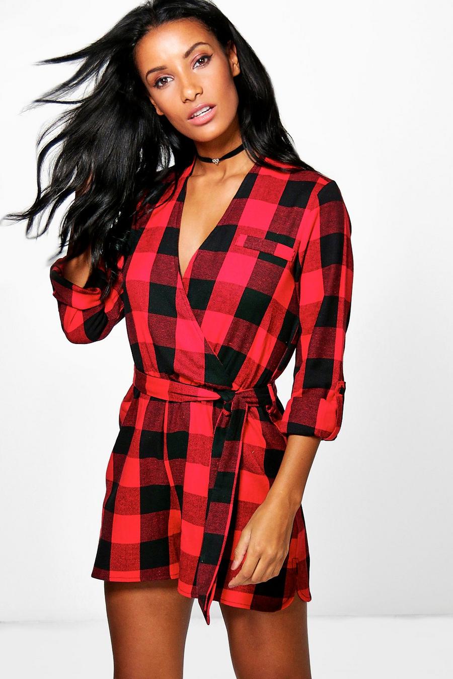 Multi Alex Checked Belted Roll Sleeve Playsuit image number 1