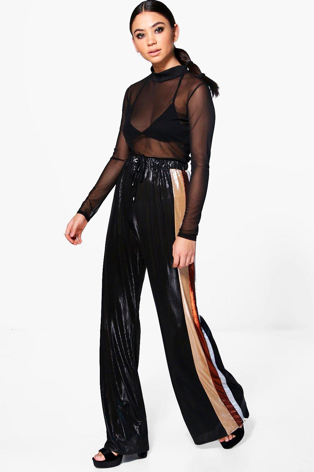 black trousers with glitter side stripe