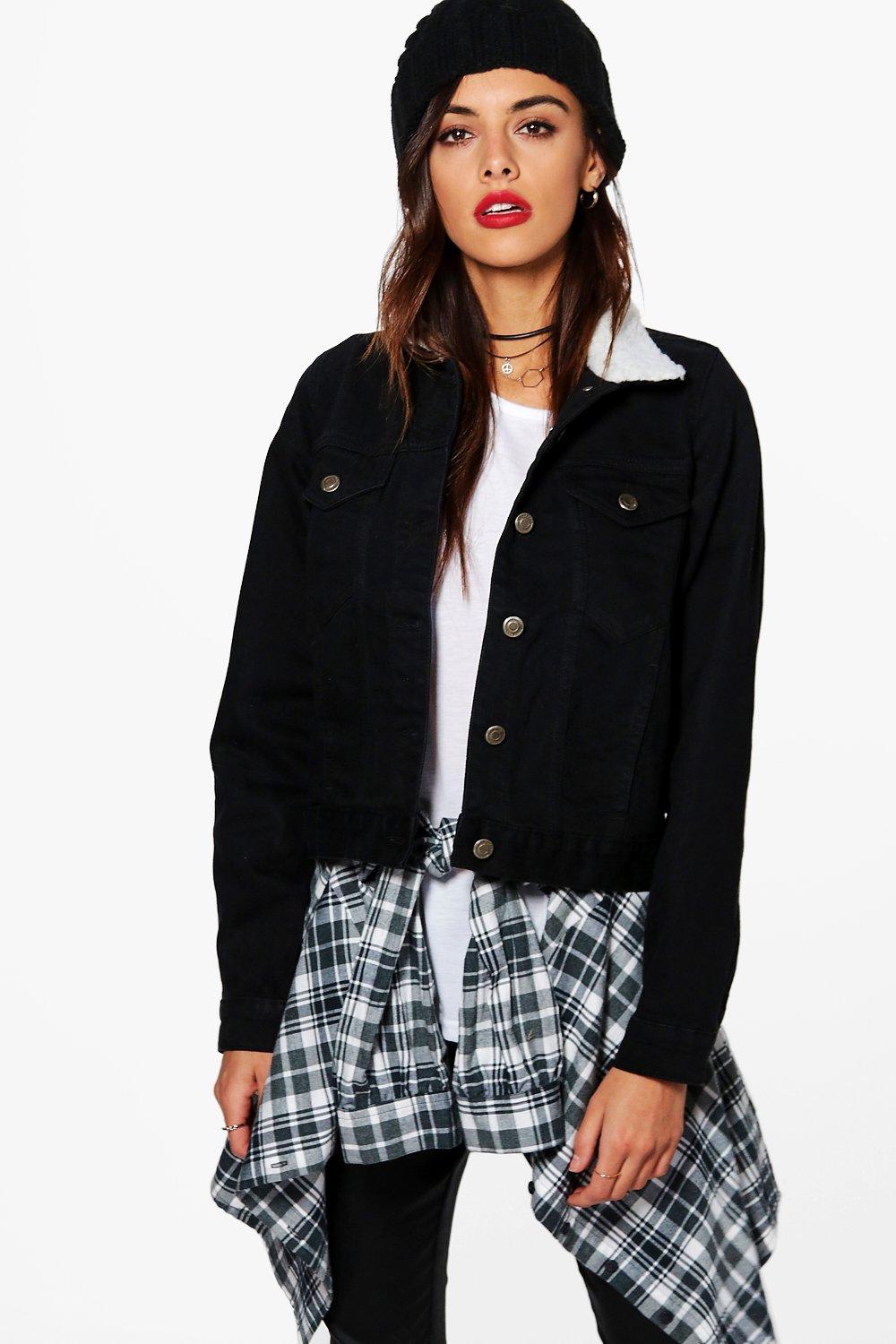 Black denim jacket store borg collar womens