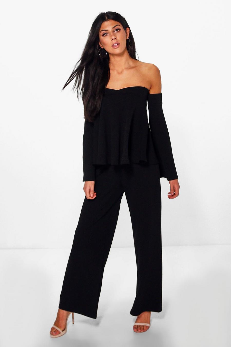 Black Mia Off The Shoulder Top & Wide Leg Pants Two-Piece image number 1