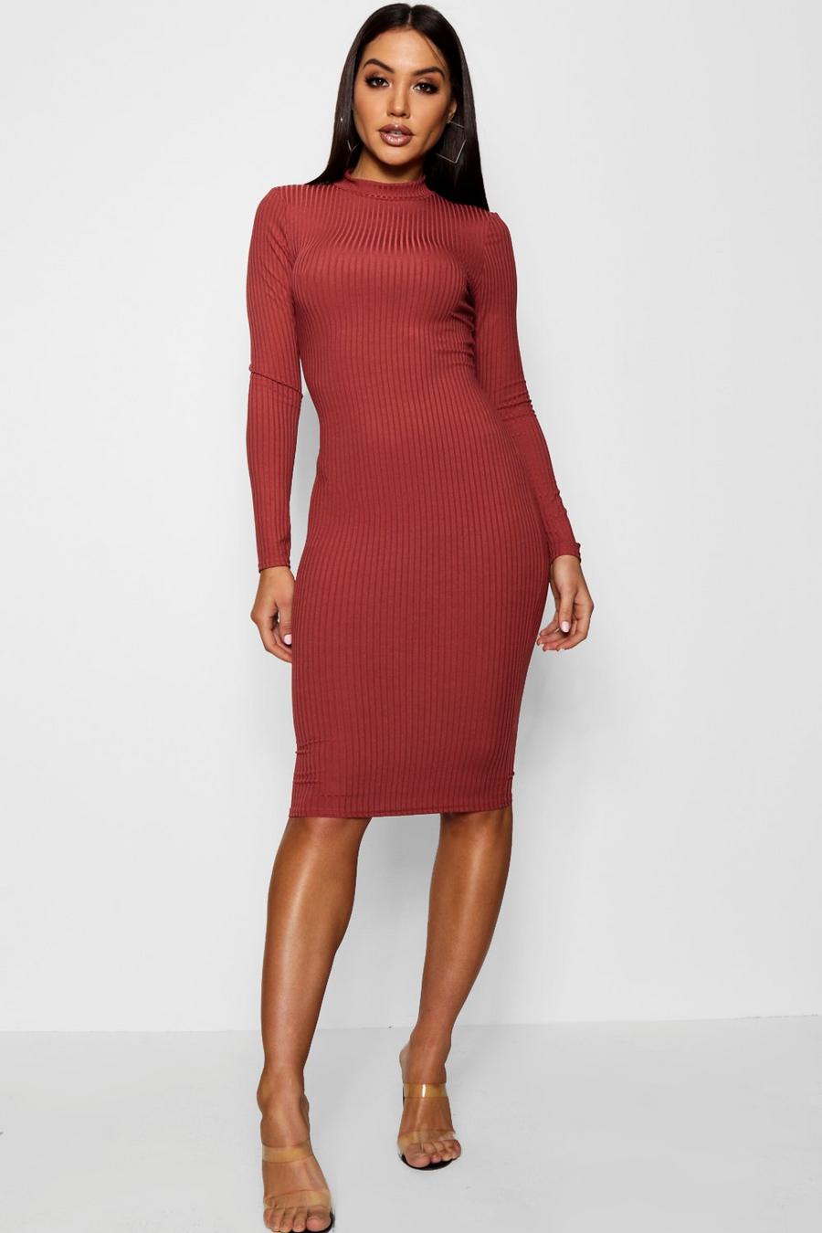Ribbed Long-Sleeve Crew Neck Dress in Dresses
