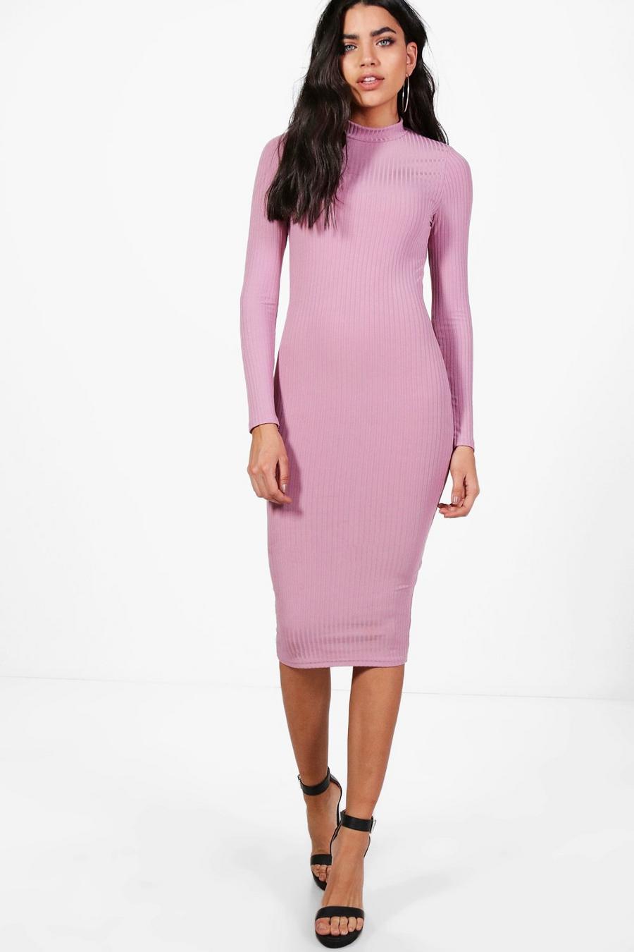 Lilas purple Basics Ribbed High Neck Long Sleeved Midi Dress image number 1