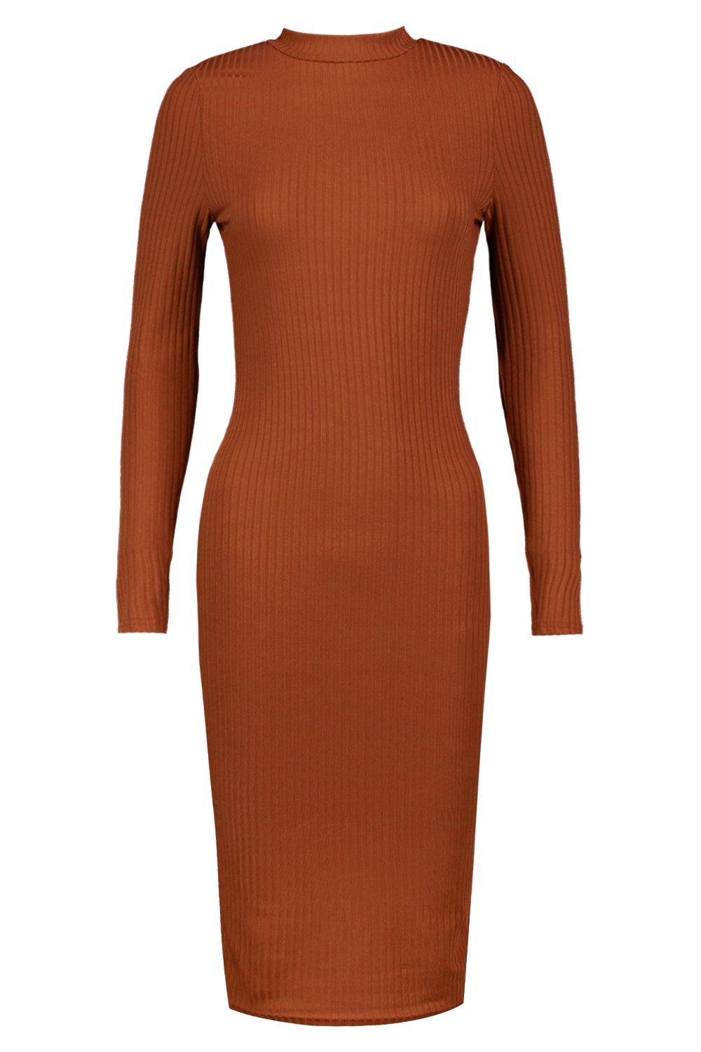 Brown Basic Ribbed Long Sleeve Midi Dress