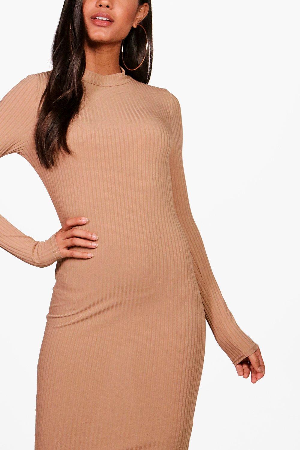 Basics Ribbed High Neck Long Sleeved Midi Dress