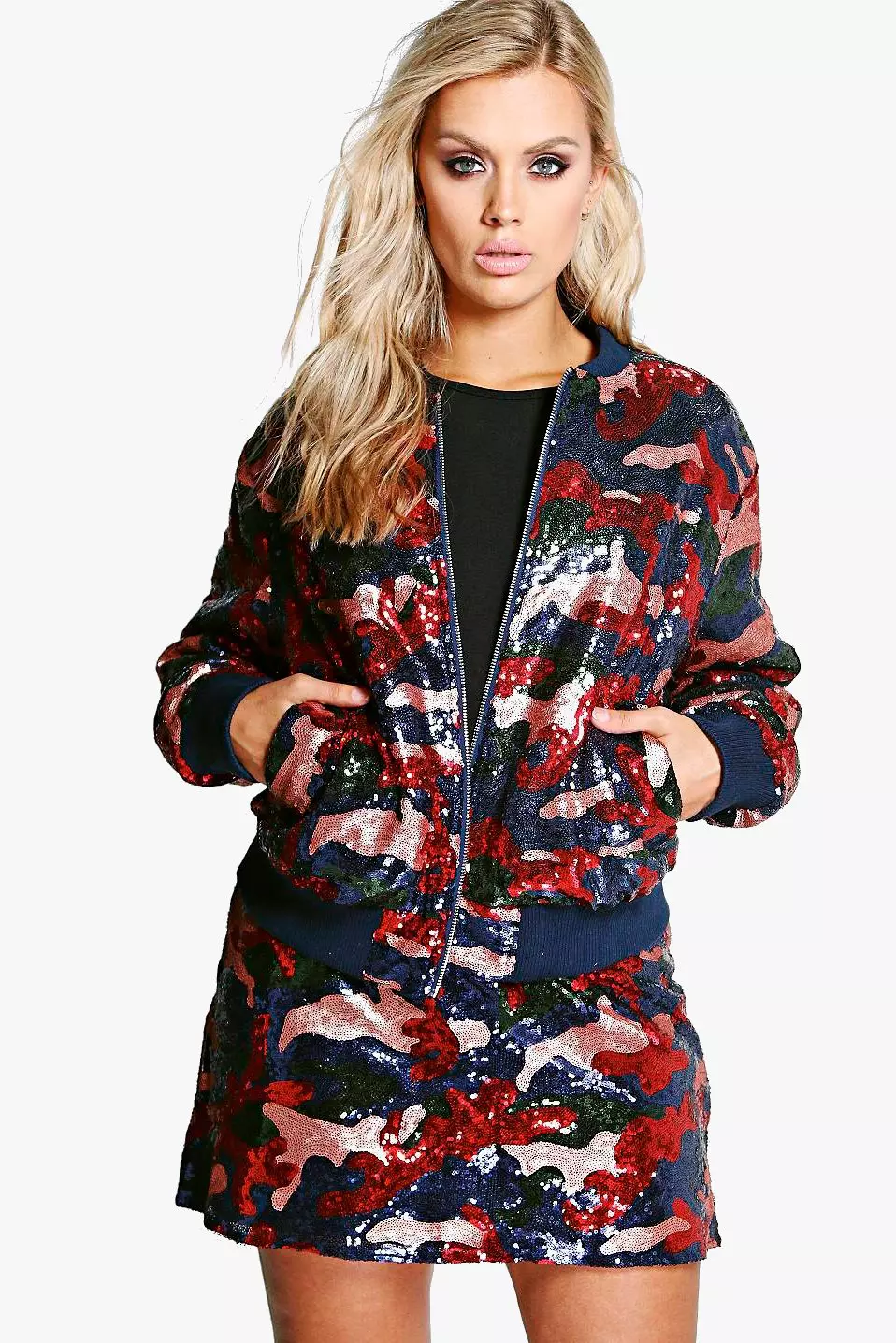 Sequin camo bomber top jacket