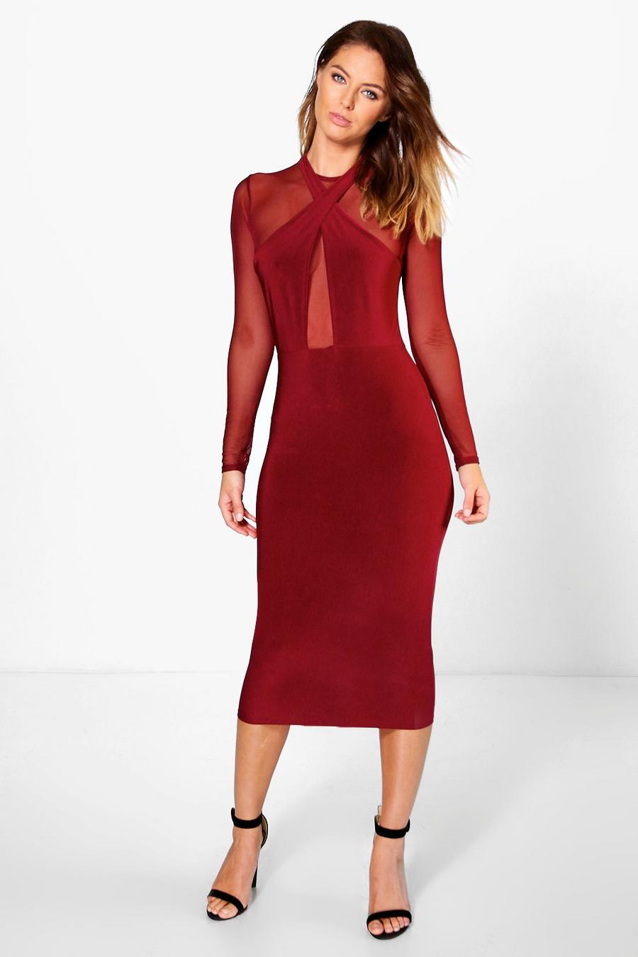 Berry red Karlie Mesh Slinky Wrap Bodycon Dress image number 1