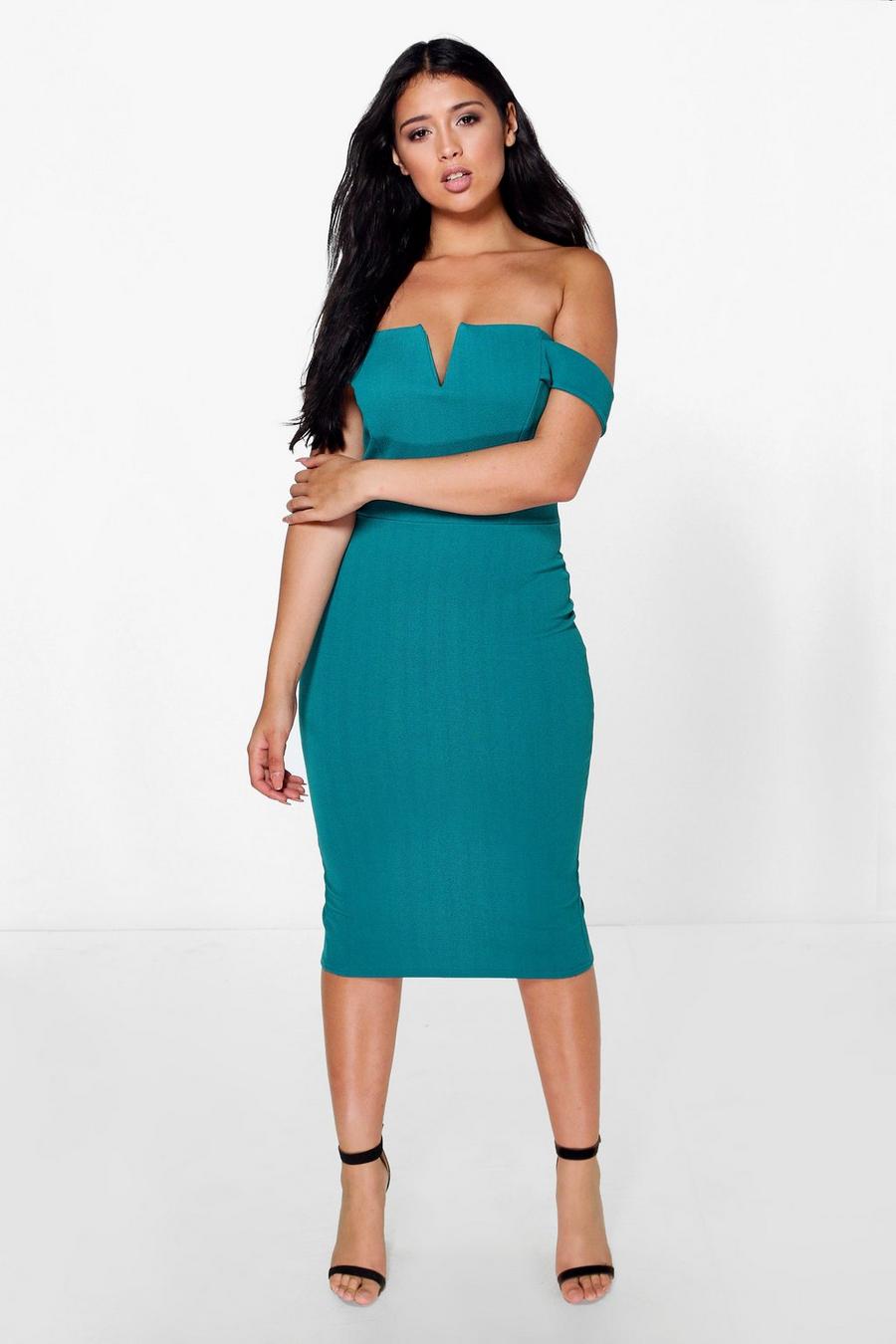 Peacock blue Cara Off The Shoulder Midi Bodycon Dress image number 1