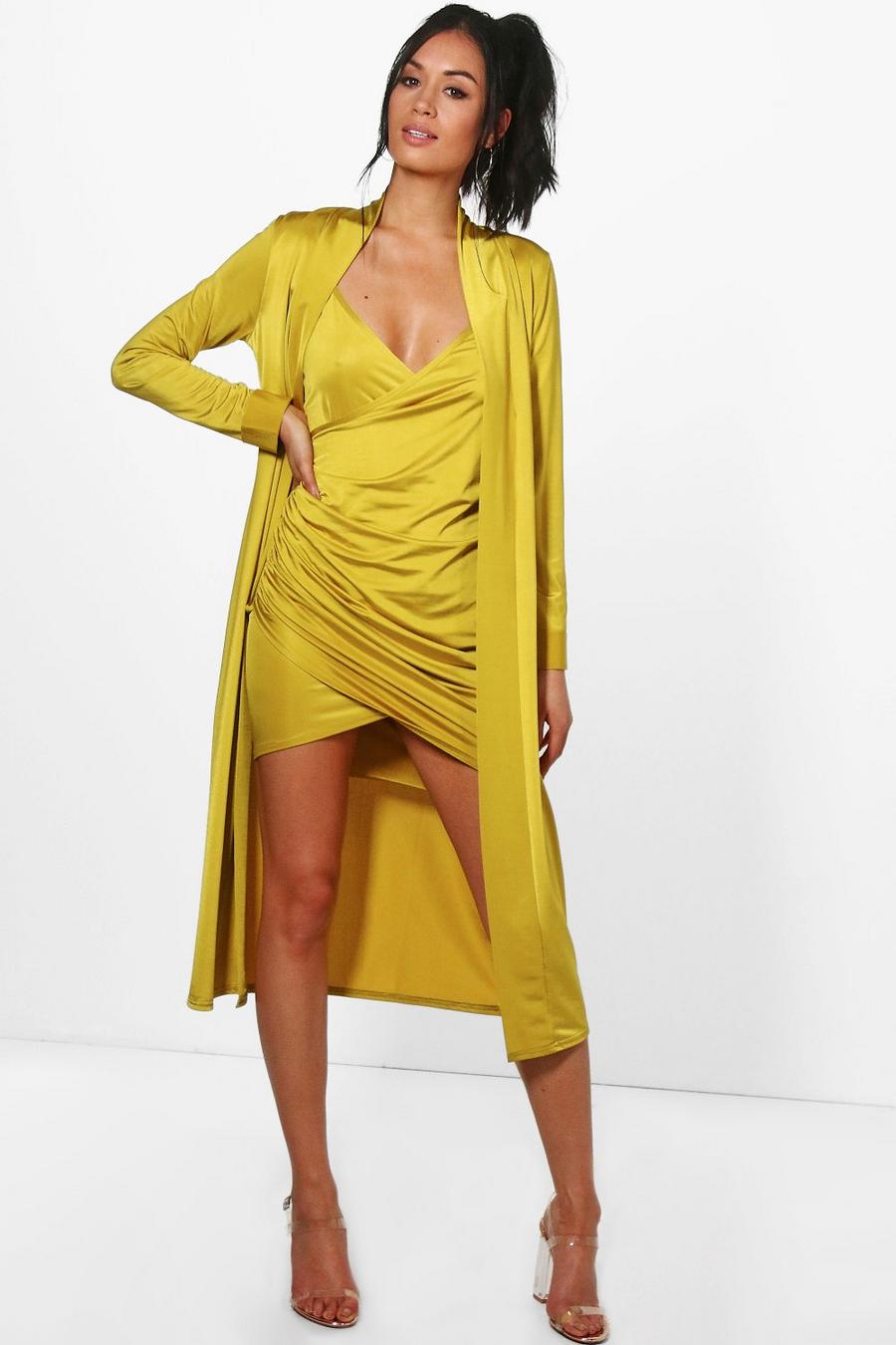 Chartreuse yellow Slinky Wrap Drape Dress & Duster Two-Piece image number 1