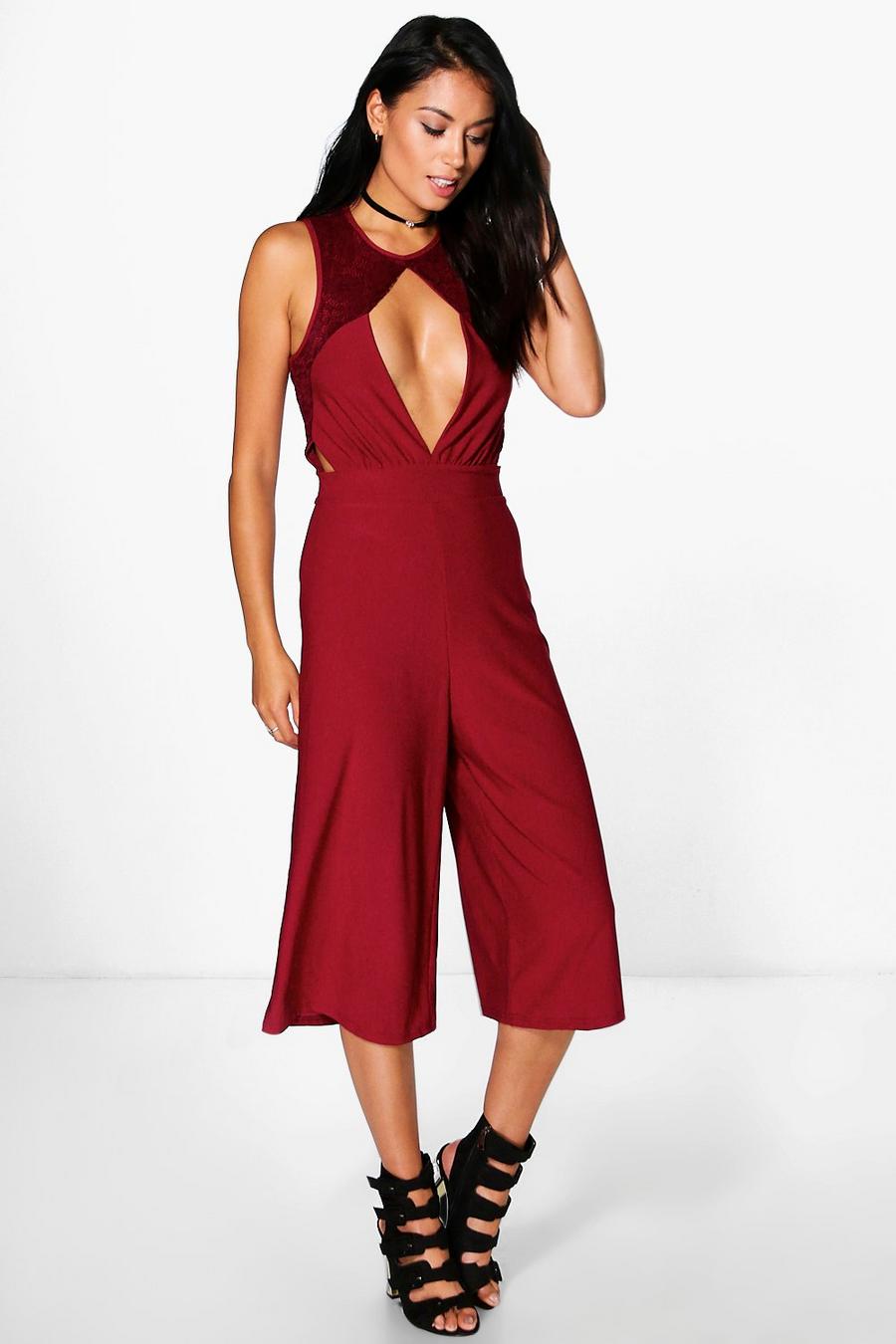 Wine red Isla Open Front Lace Detail Culotte Jumpsuit image number 1