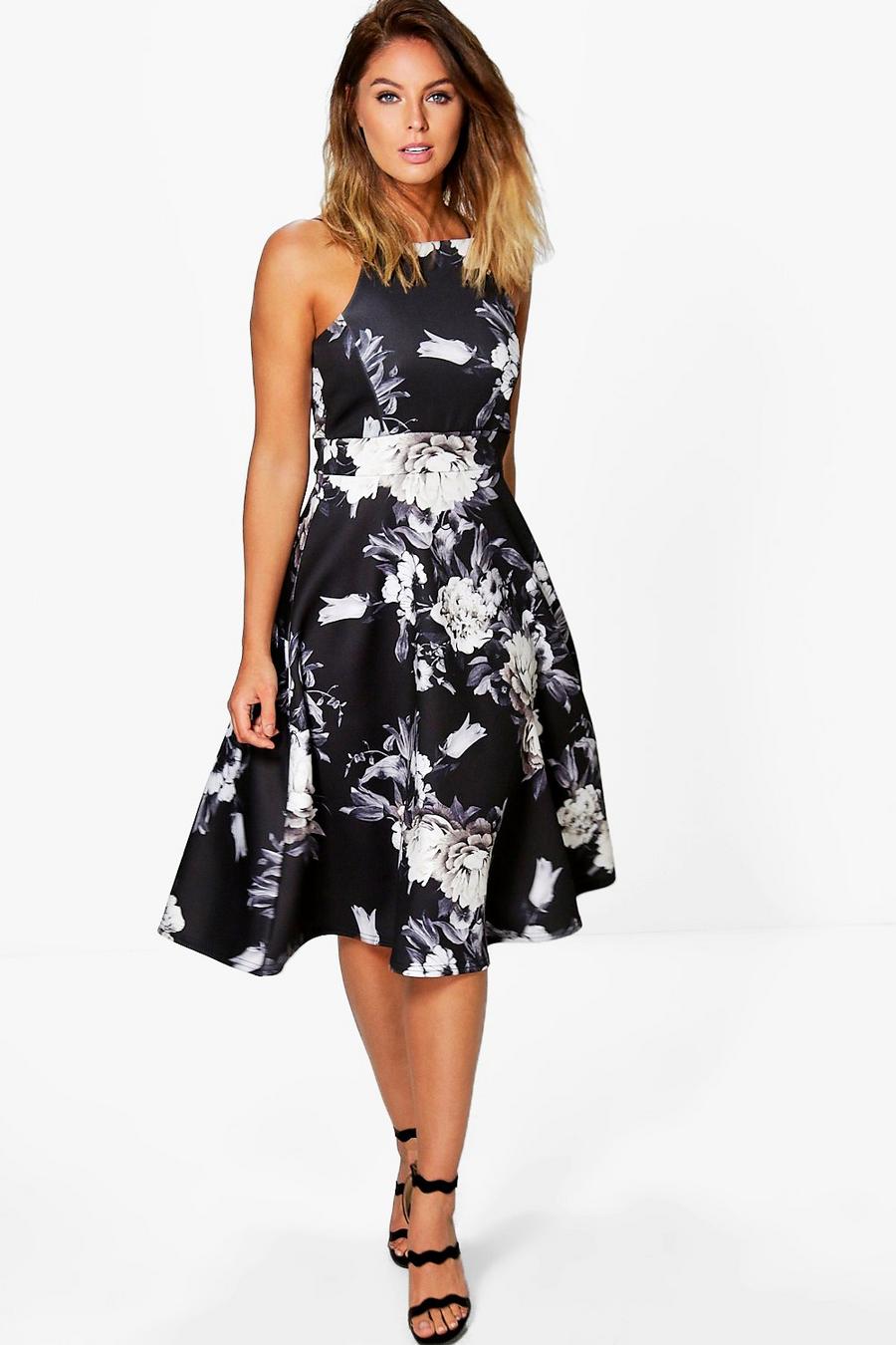 Black Floral Strappy Midi Skater Dress