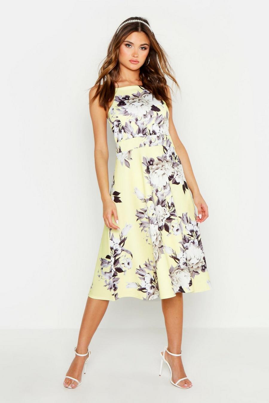 Yellow Floral Strappy Midi Skater Dress image number 1