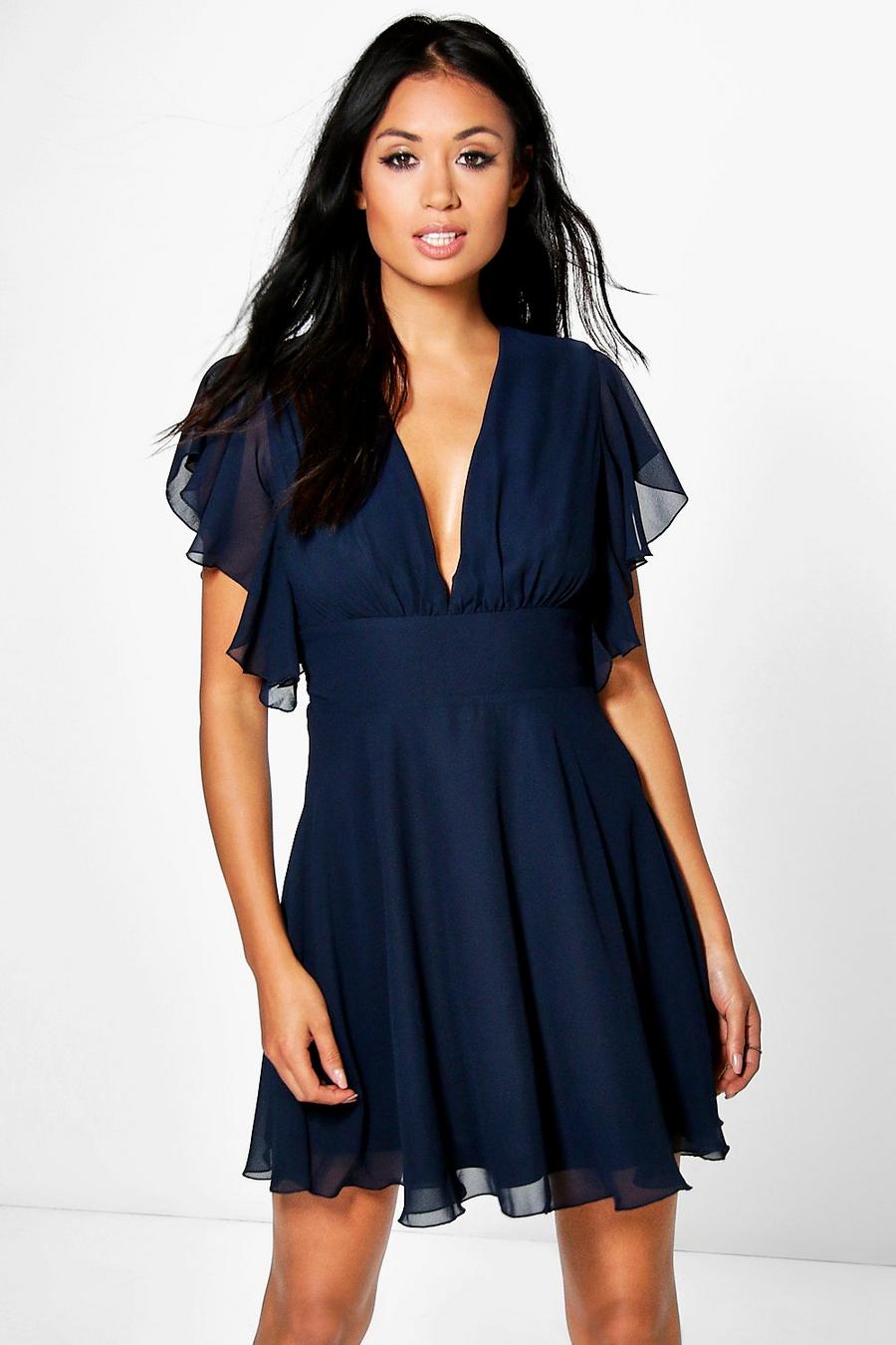 Navy Melodie Chiffon Frill Detail Skater Dress image number 1