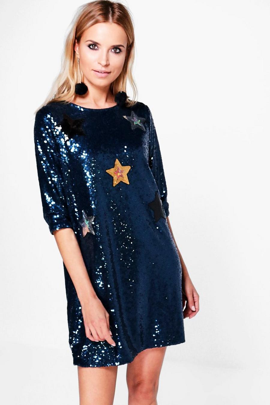 vestido de corte recto con lentejuelas y apliques de estrella yasmin boutique image number 1