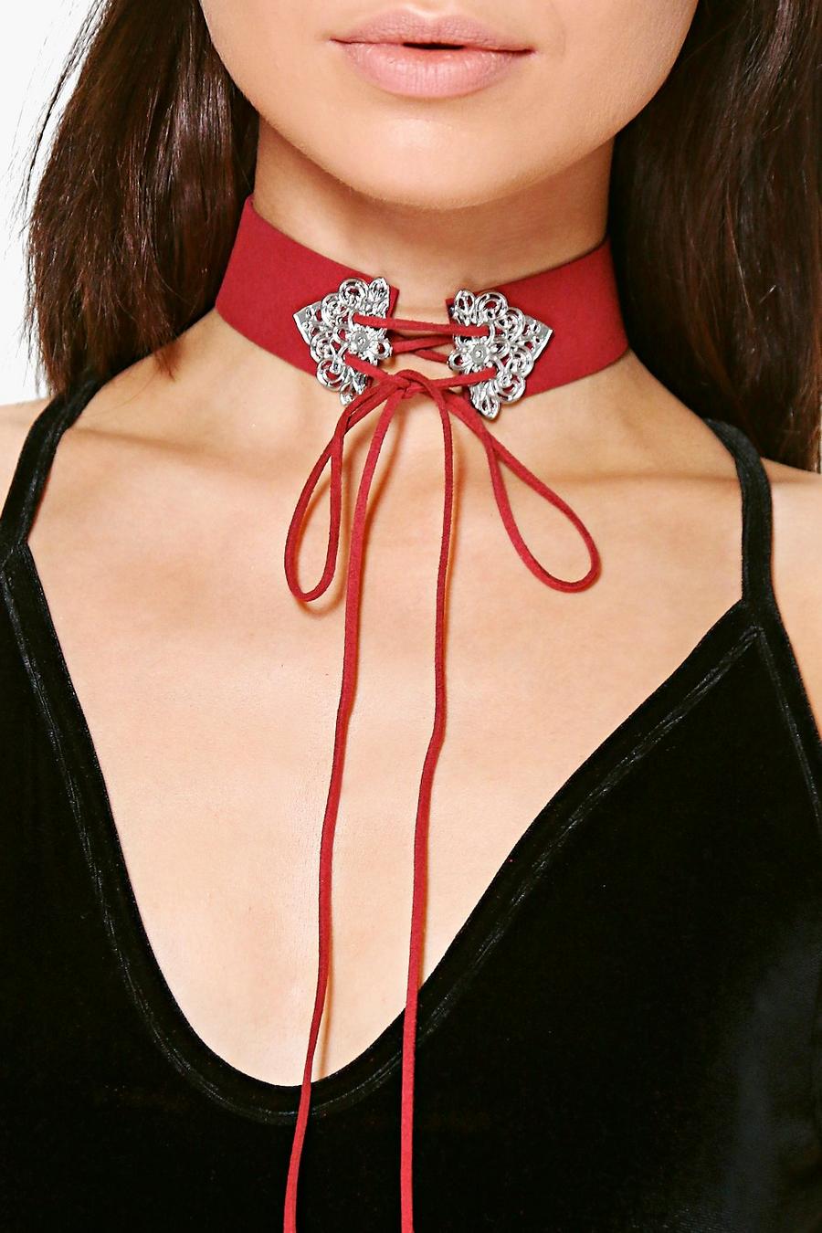Wine red Lucia Ornate Metal Collar Lace Up Choker image number 1