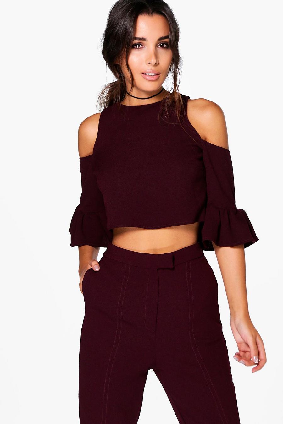 Merlot red Sarah Ruffle Cold Shoulder Woven Top image number 1