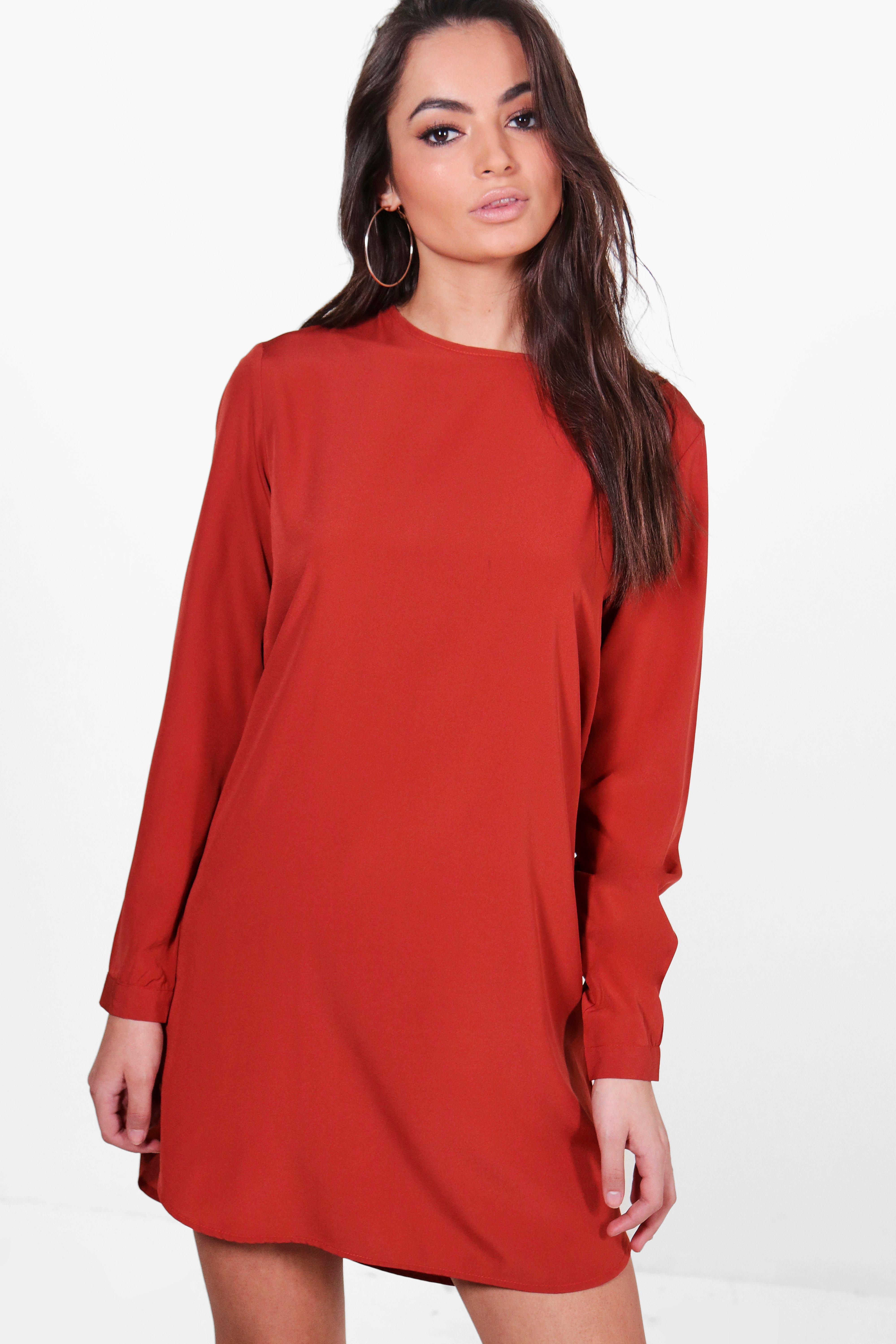 red long sleeve shift dress