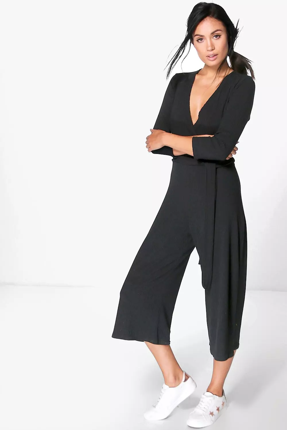 Black ribbed wrap front culotte sales jumpsuit