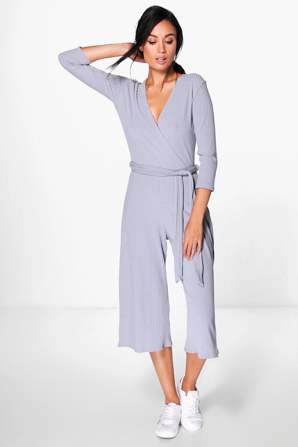 ribbed wrap front culotte jumpsuit