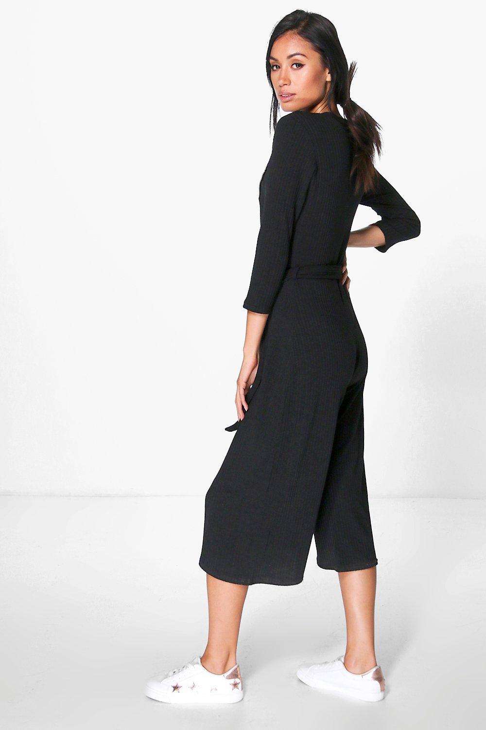 black ribbed wrap front culotte jumpsuit