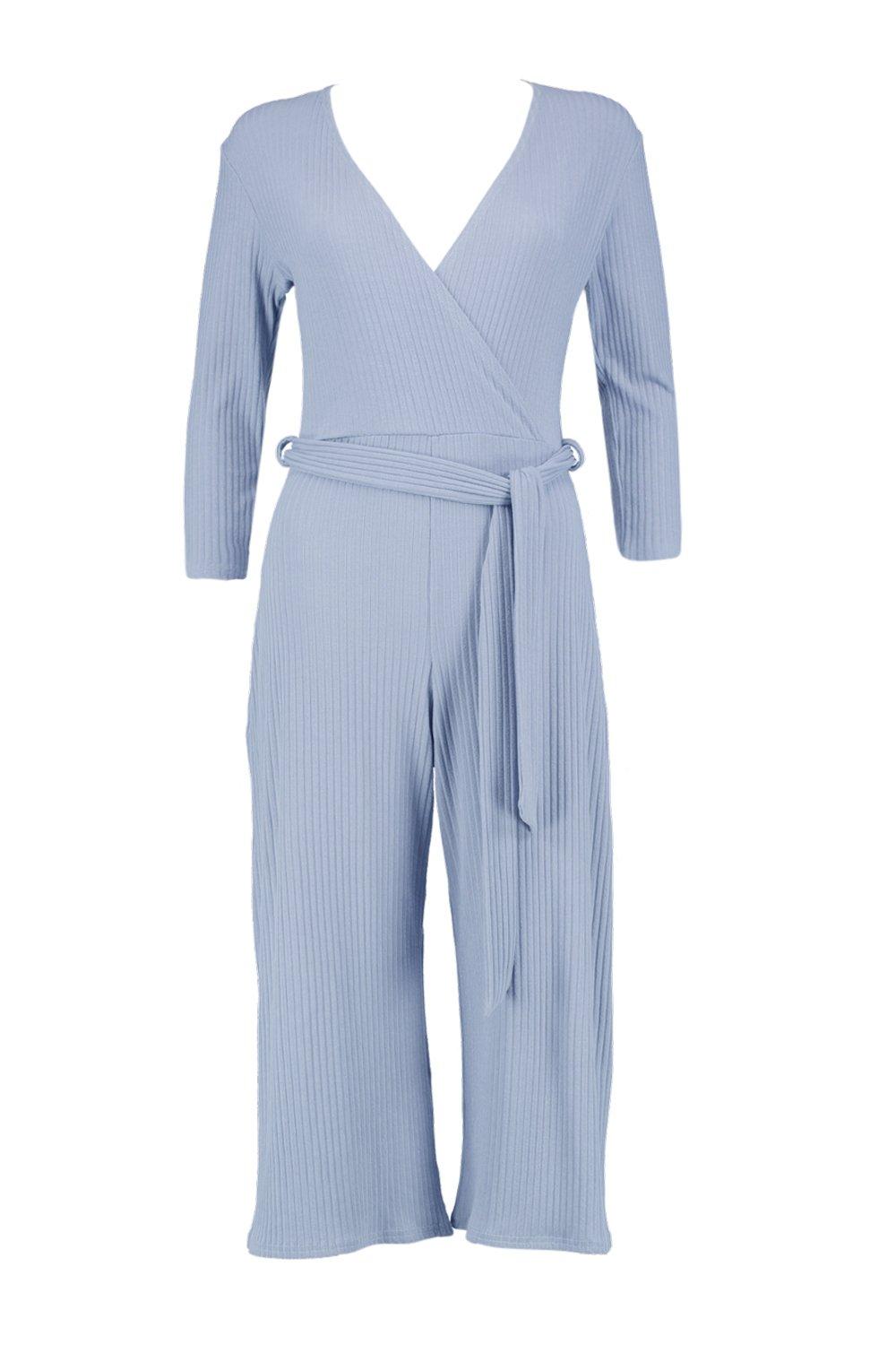 ribbed wrap front culotte jumpsuit